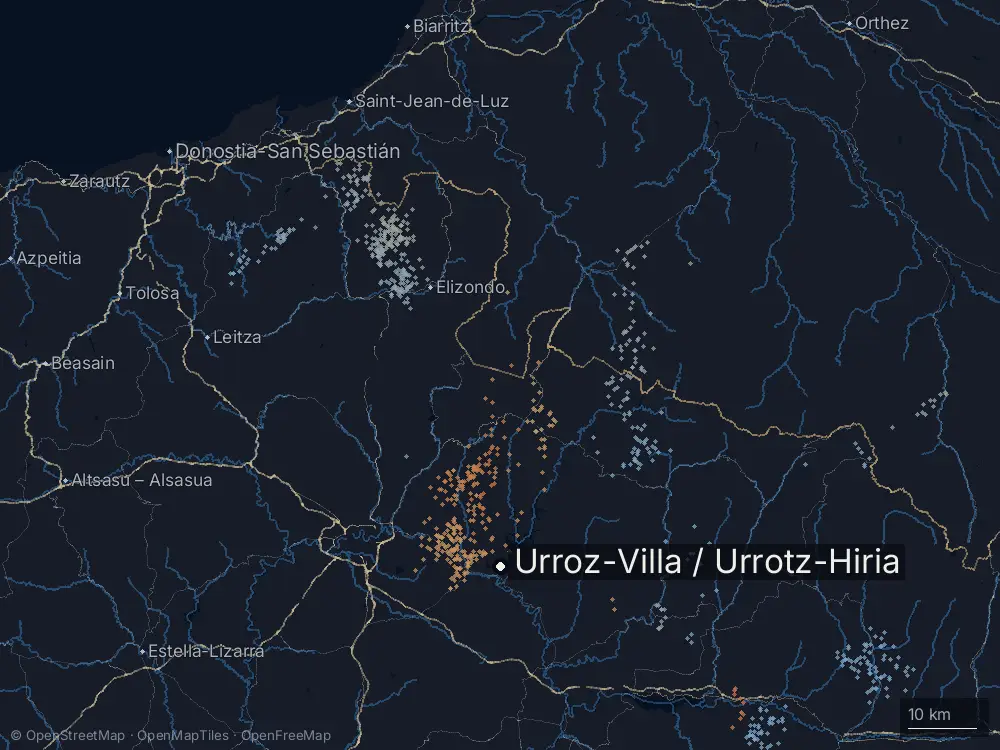 Karte der Blitze bei Urroz-Villa / Urrotz-Hiria am Donnerstag, 7. Mai 2026