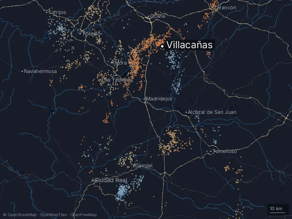 Karte der Blitze bei Villacañas am Donnerstag, 7. Mai 2026