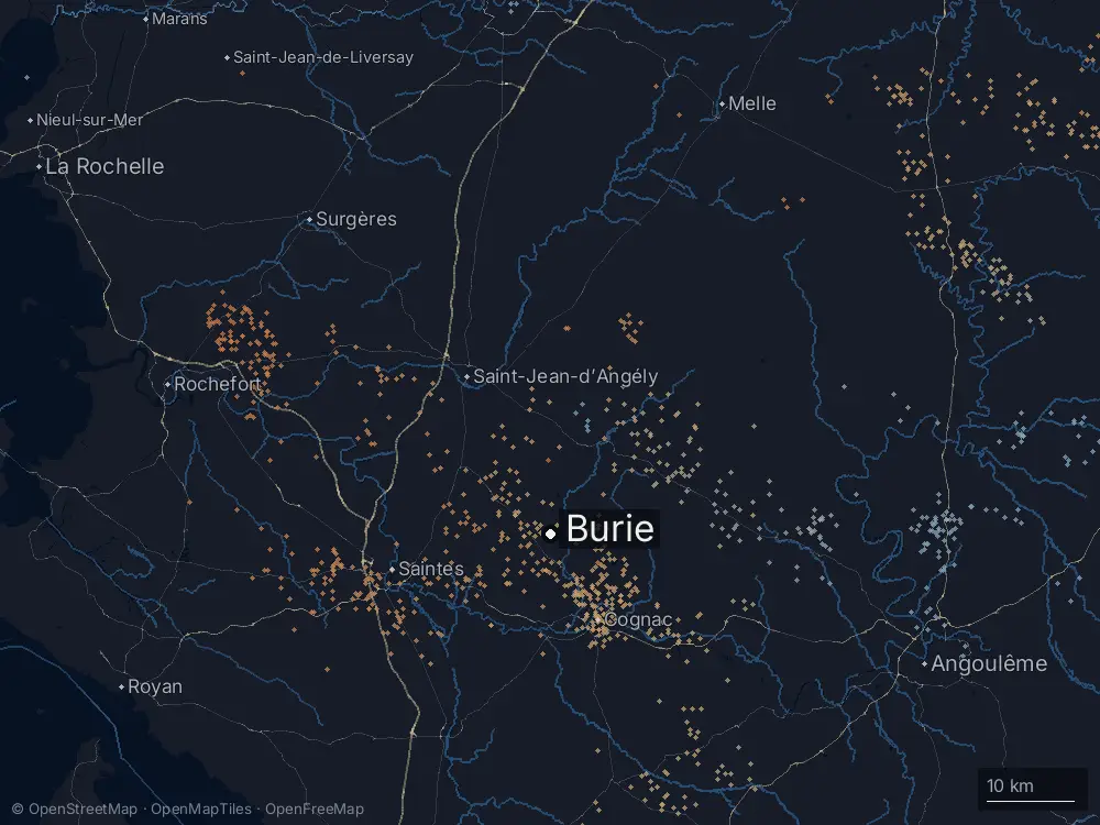Karte der Blitze bei Burie am Samstag, 9. Mai 2026