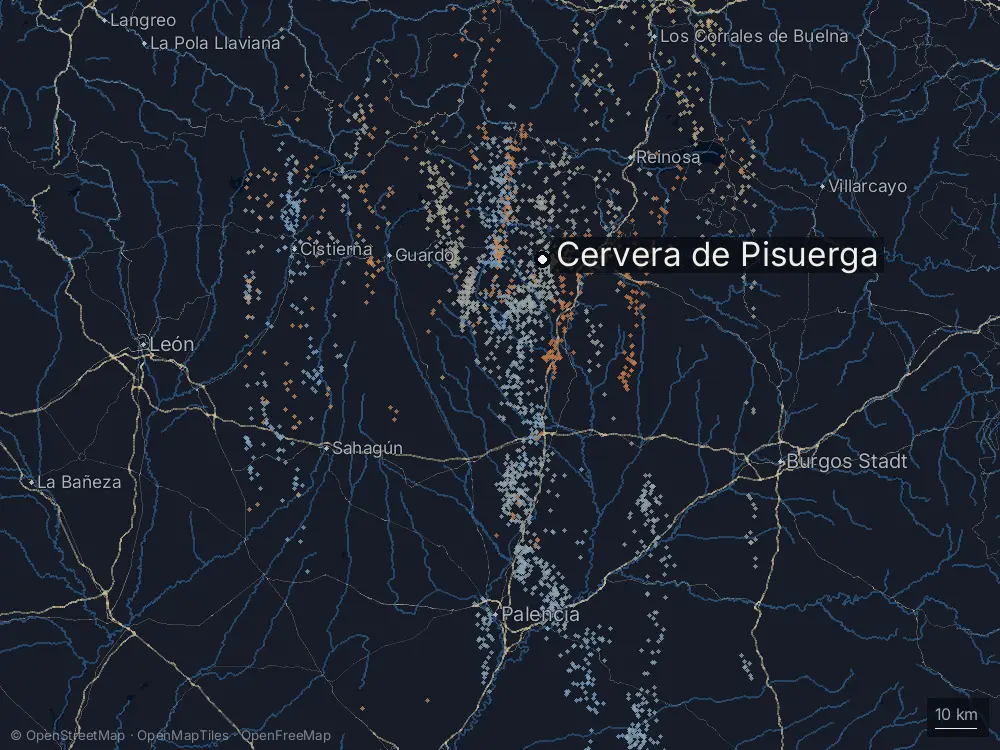 Karte der Blitze bei Cervera de Pisuerga am Samstag, 9. Mai 2026