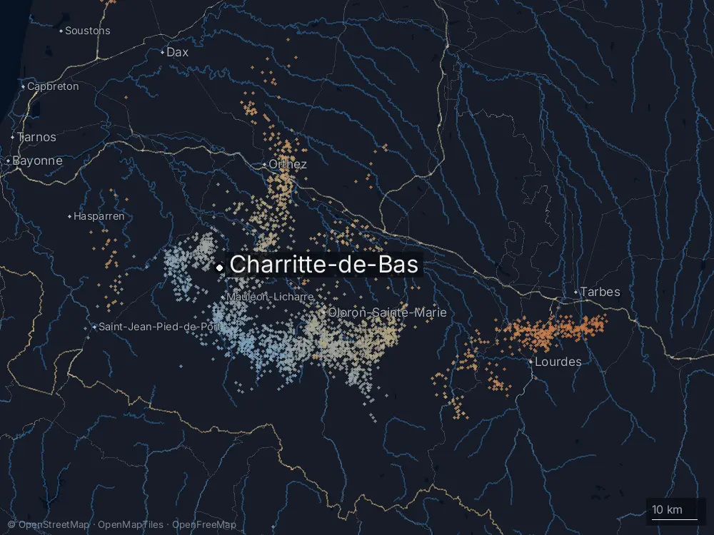 Karte der Blitze bei Charritte-de-Bas am Samstag, 9. Mai 2026