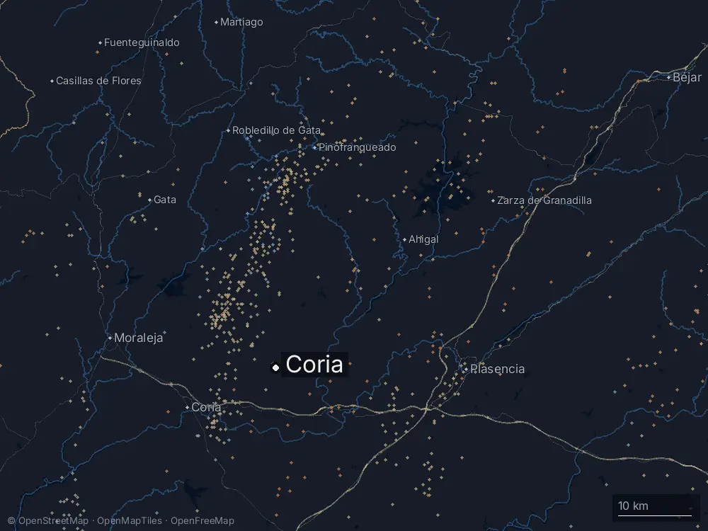 Karte der Blitze bei Coria am Samstag, 9. Mai 2026