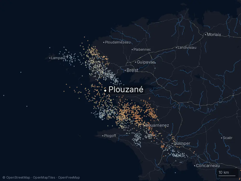 Karte der Blitze bei Plouzané am Samstag, 9. Mai 2026