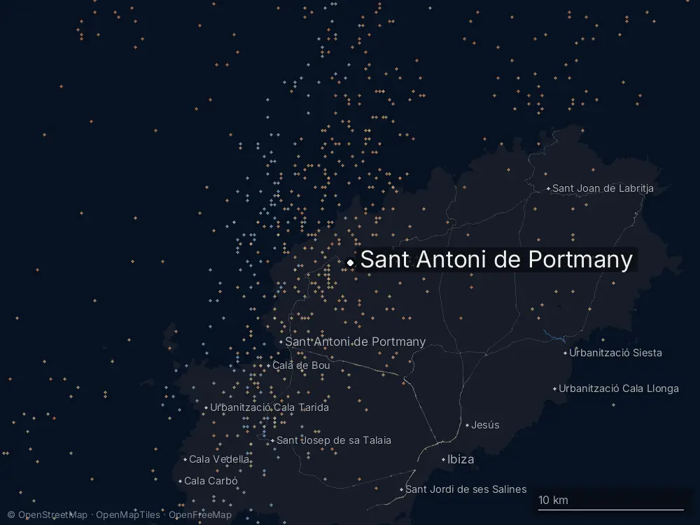 Karte der Blitze bei Sant Antoni de Portmany am Samstag, 9. Mai 2026