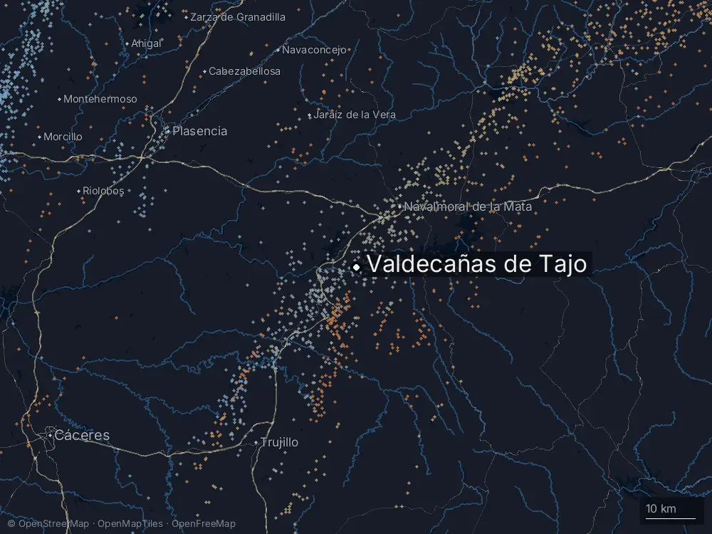 Karte der Blitze bei Valdecañas de Tajo am Samstag, 9. Mai 2026