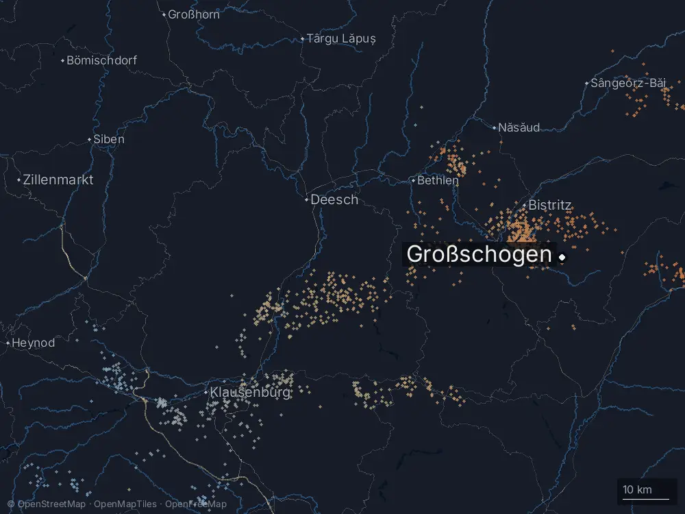 Karte der Blitze bei Großschogen am Sonntag, 10. Mai 2026