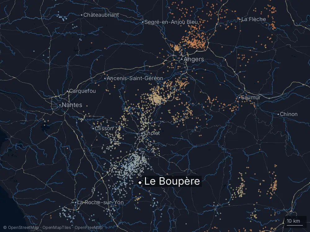 Karte der Blitze bei Le Boupère am Sonntag, 10. Mai 2026