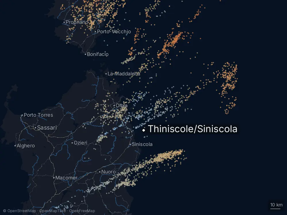 Karte der Blitze bei Thiniscole/Siniscola am Sonntag, 10. Mai 2026
