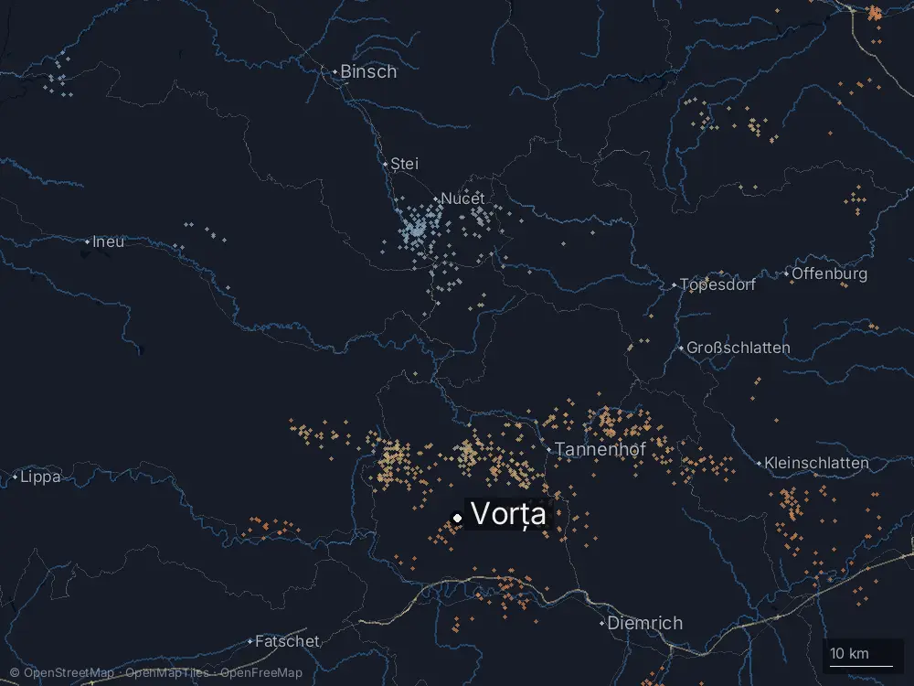 Karte der Blitze bei Vorța am Sonntag, 10. Mai 2026