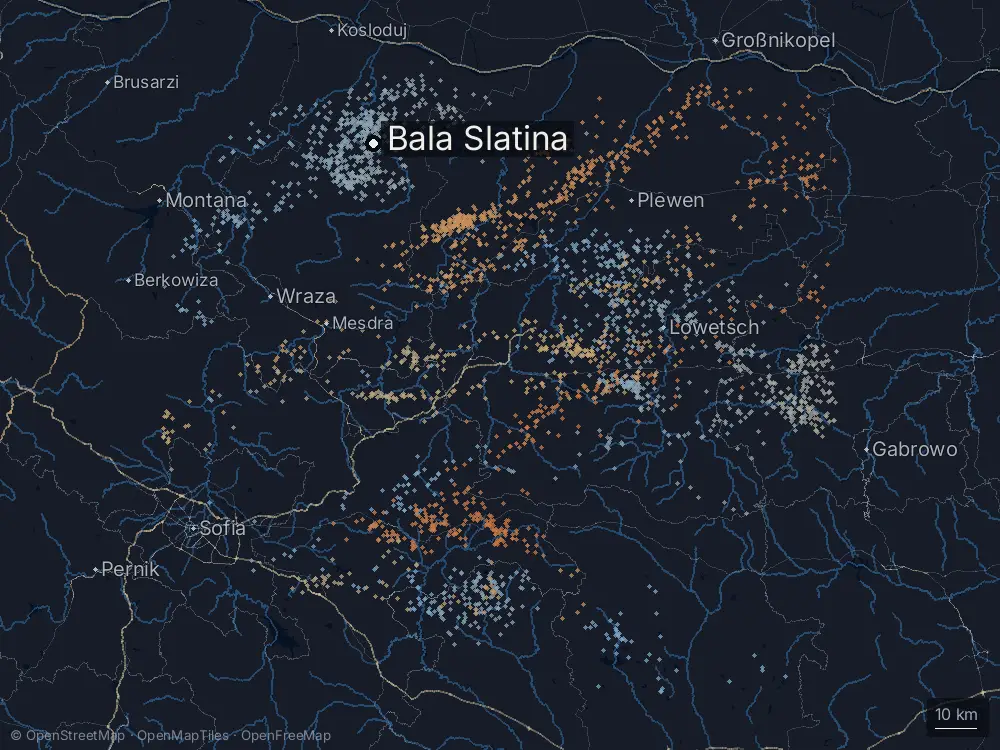 Karte der Blitze bei Bala Slatina am Montag, 11. Mai 2026