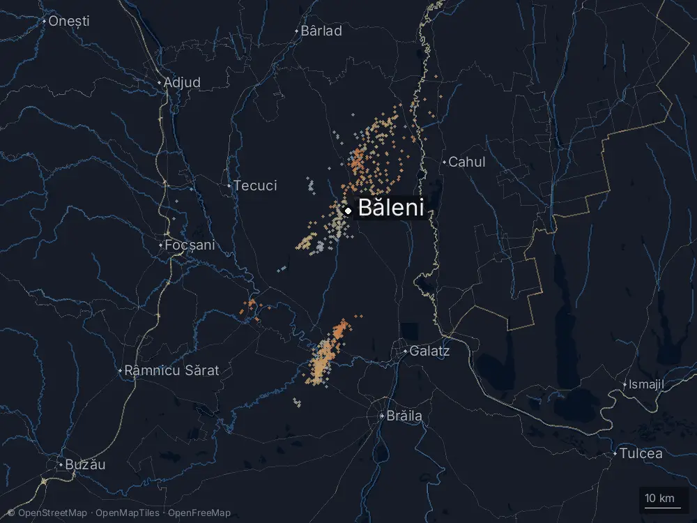 Karte der Blitze bei Băleni am Montag, 11. Mai 2026