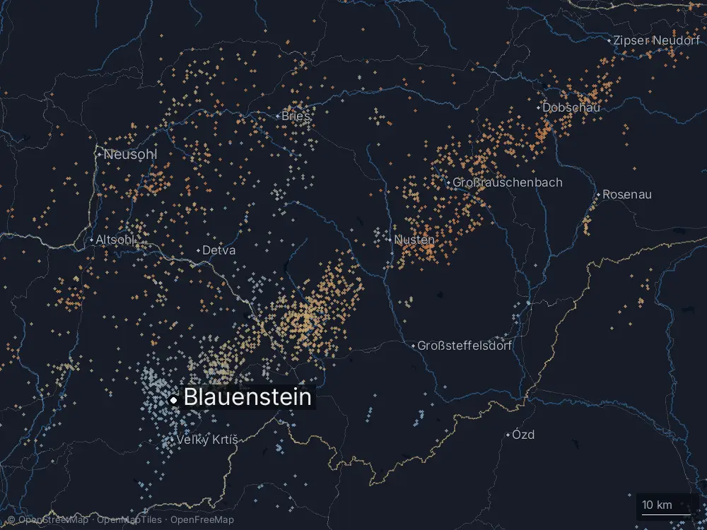 Karte der Blitze bei Blauenstein am Montag, 11. Mai 2026