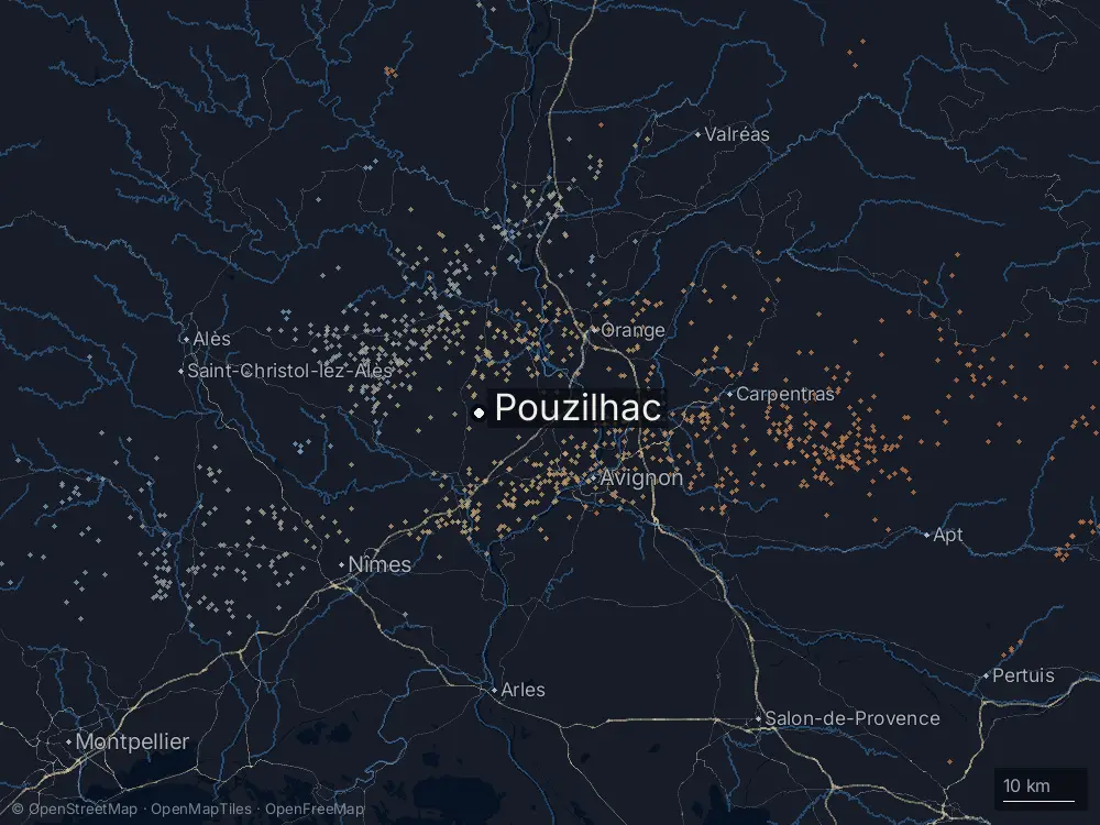 Karte der Blitze bei Pouzilhac am Montag, 11. Mai 2026