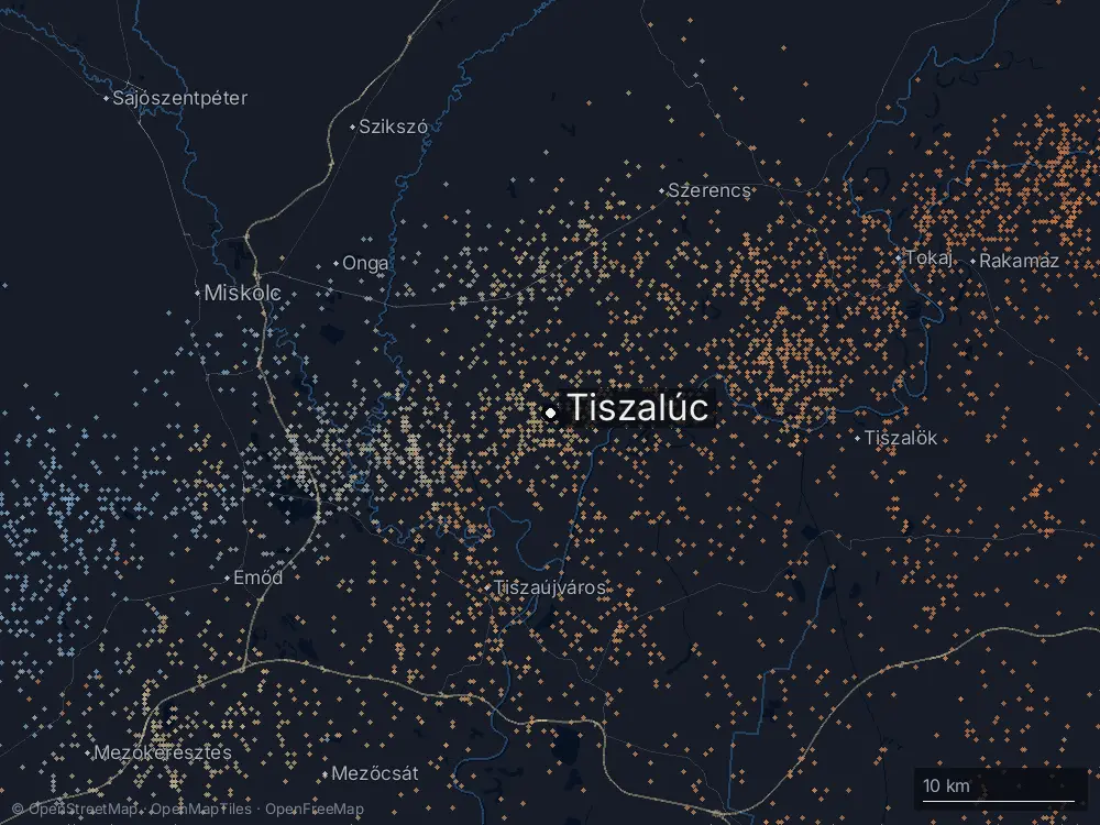Karte der Blitze bei Tiszalúc am Montag, 11. Mai 2026