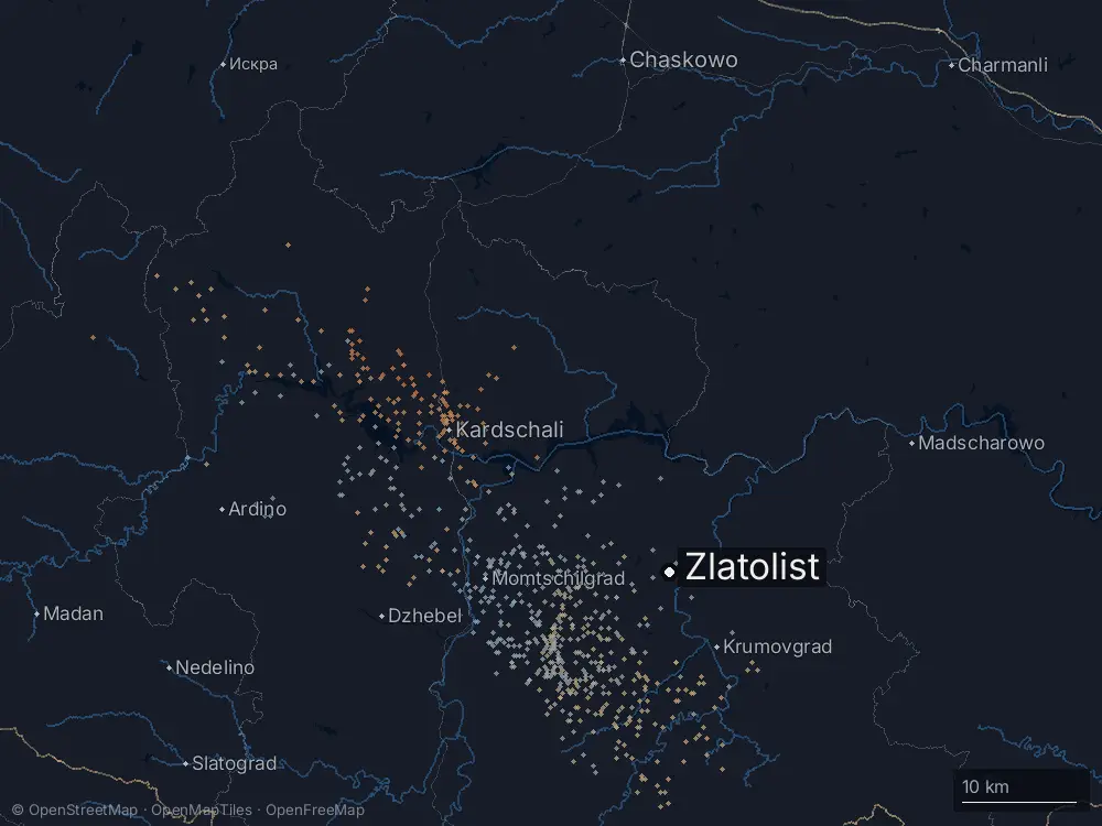 Karte der Blitze bei Zlatolist am Montag, 11. Mai 2026