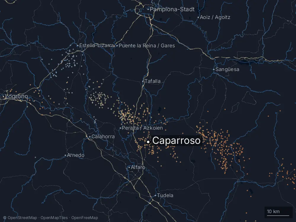 Karte der Blitze bei Caparroso am Dienstag, 12. Mai 2026