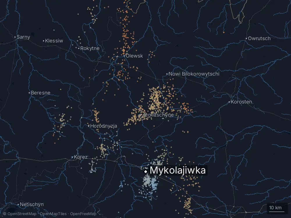 Karte der Blitze bei Mykolajiwka am Dienstag, 12. Mai 2026