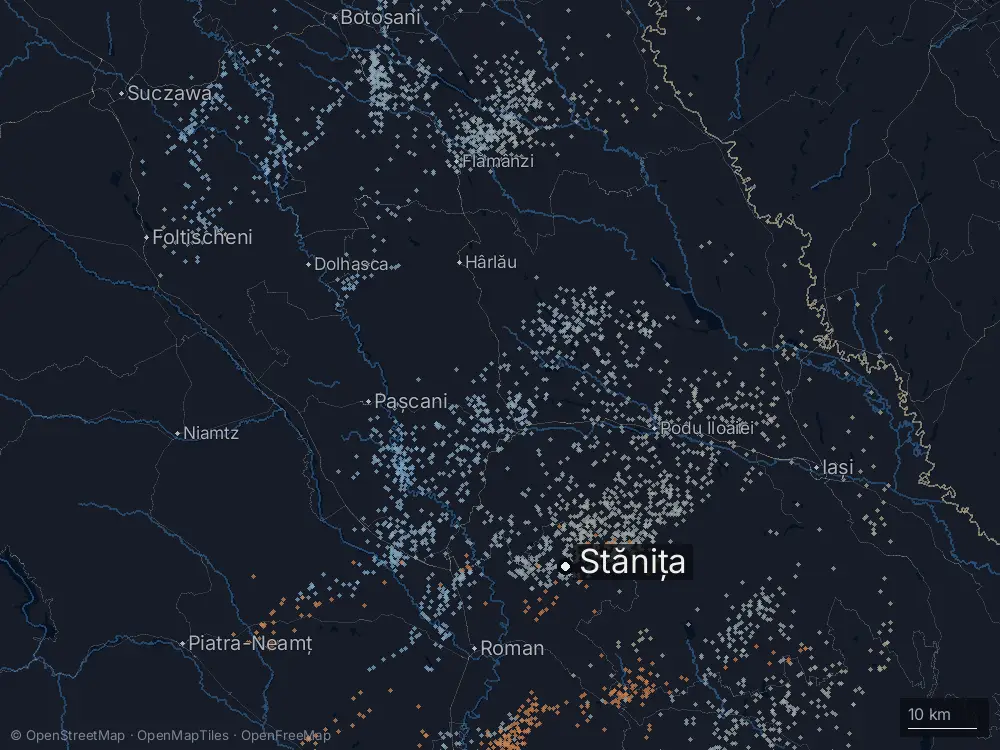 Karte der Blitze bei Stănița am Dienstag, 12. Mai 2026