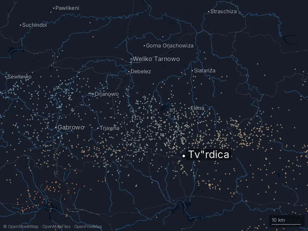 Karte der Blitze bei Tv"rdica am Dienstag, 12. Mai 2026