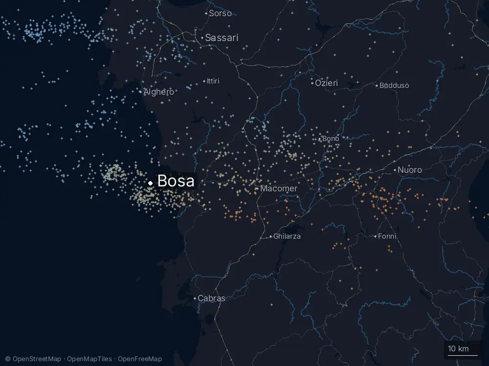 Karte der Blitze bei Bosa am Mittwoch, 13. Mai 2026