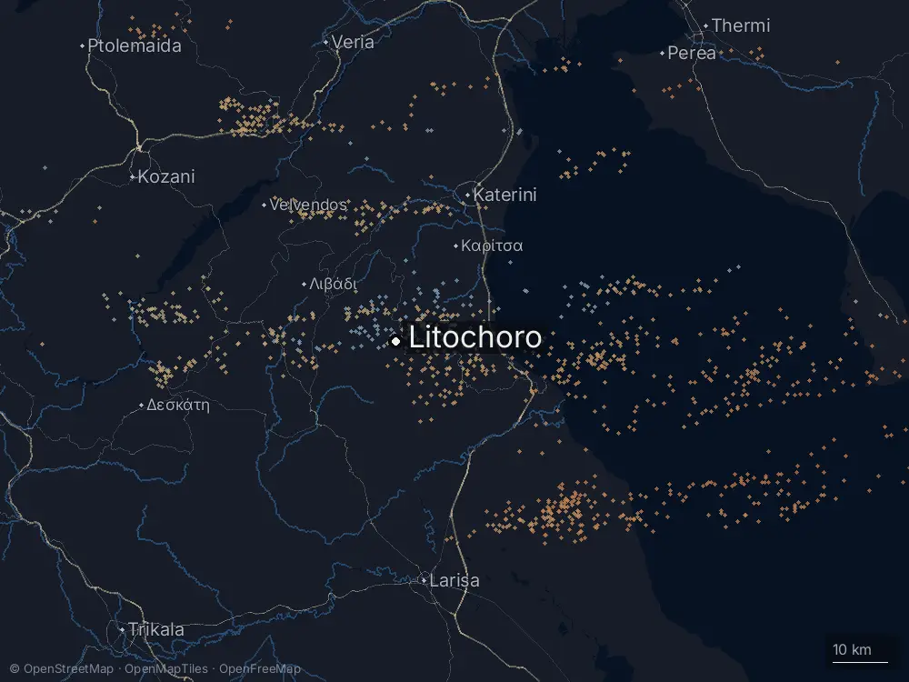 Karte der Blitze bei Litochoro am Mittwoch, 13. Mai 2026