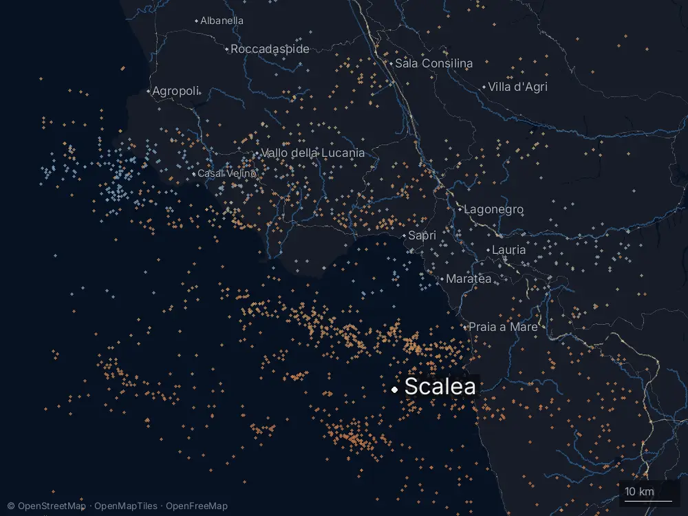 Karte der Blitze bei Scalea am Mittwoch, 13. Mai 2026