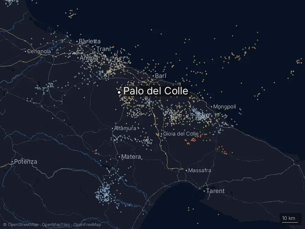Karte der Blitze bei Palo del Colle am Donnerstag, 14. Mai 2026