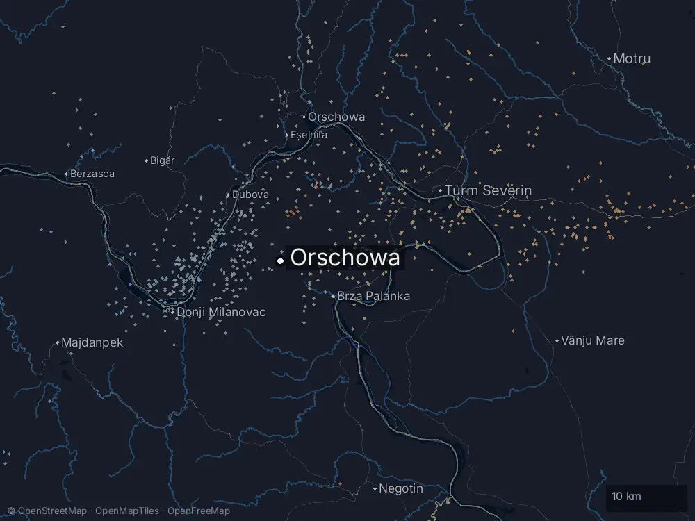 Karte der Blitze bei Orschowa am Freitag, 15. Mai 2026