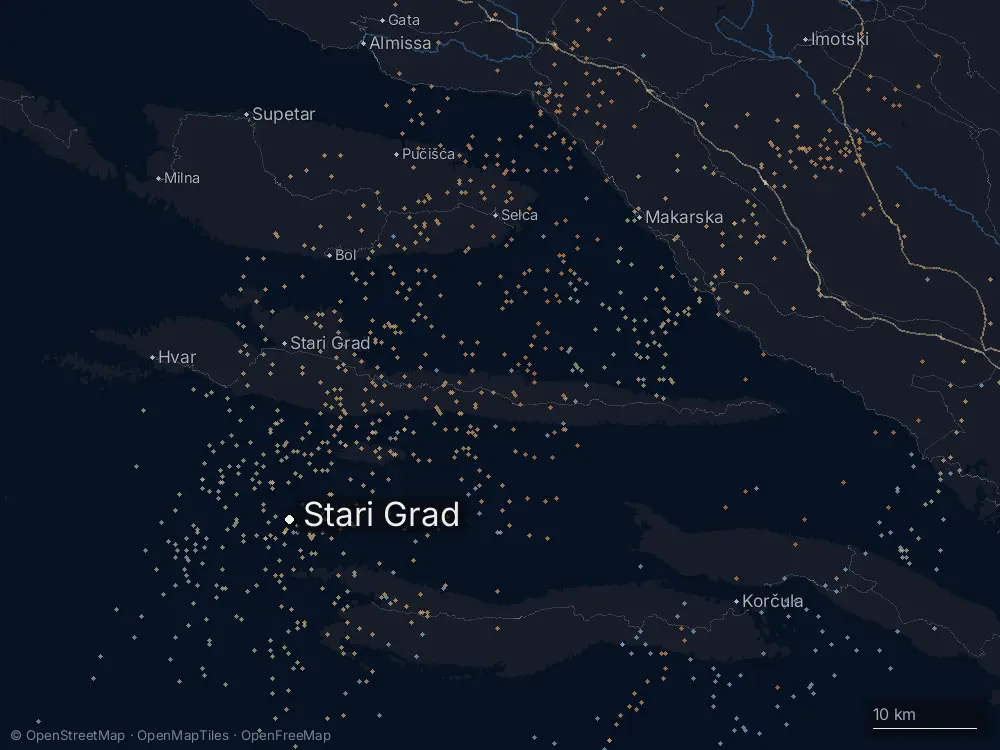 Karte der Blitze bei Stari Grad am Freitag, 15. Mai 2026