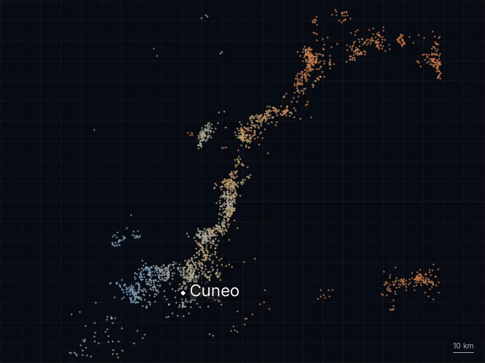 Karte der Blitze bei Cuneo am Montag, 18. Mai 2026