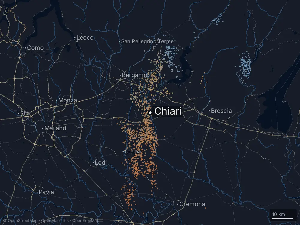 Karte der Blitze bei Chiari am Mittwoch, 20. Mai 2026