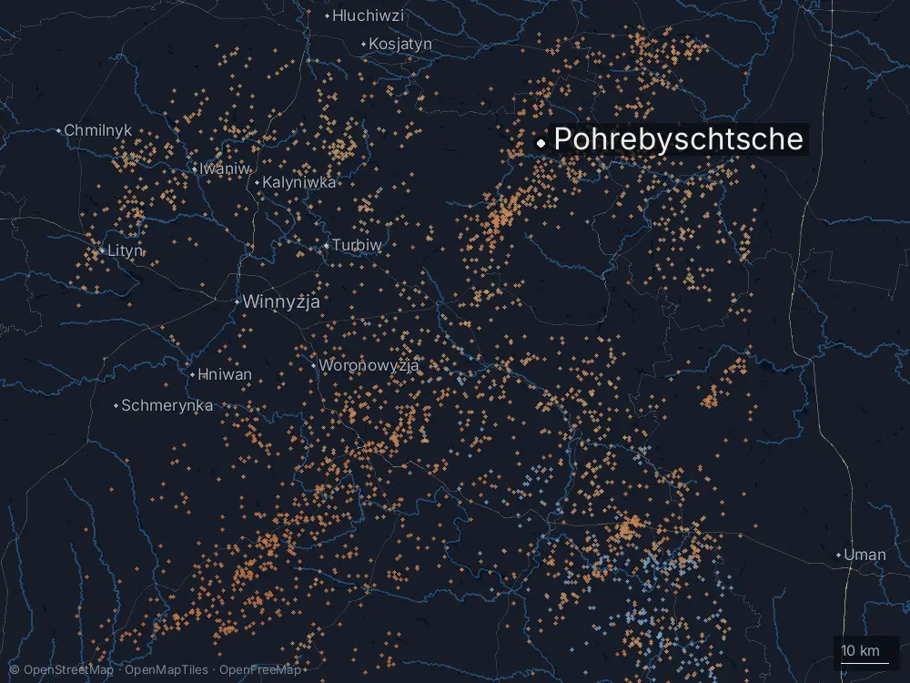 Karte der Blitze bei Pohrebyschtsche am Mittwoch, 20. Mai 2026