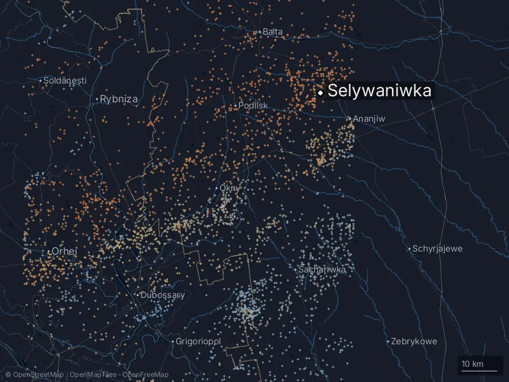 Karte der Blitze bei Selywaniwka am Donnerstag, 21. Mai 2026