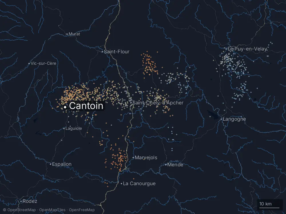 Karte der Blitze bei Cantoin am Sonntag, 24. Mai 2026