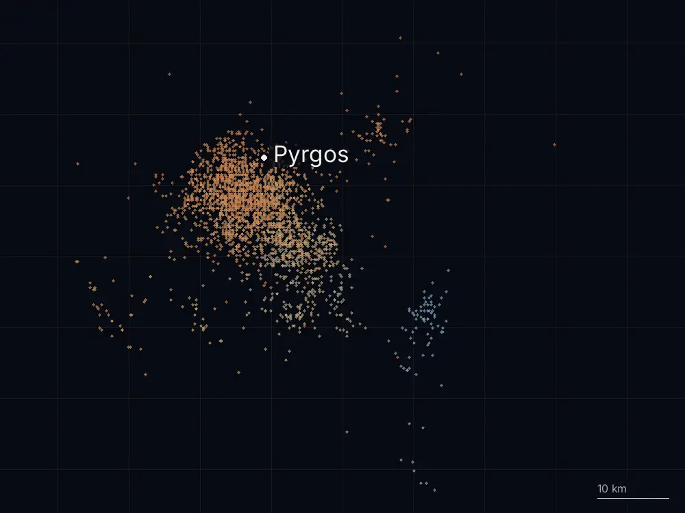 Karte der Blitze bei Pyrgos am Sonntag, 24. Mai 2026