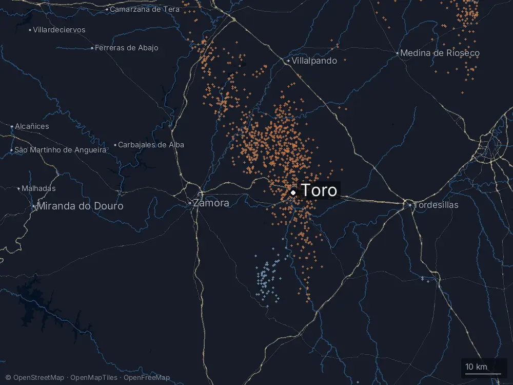 Karte der Blitze bei Toro am Montag, 25. Mai 2026