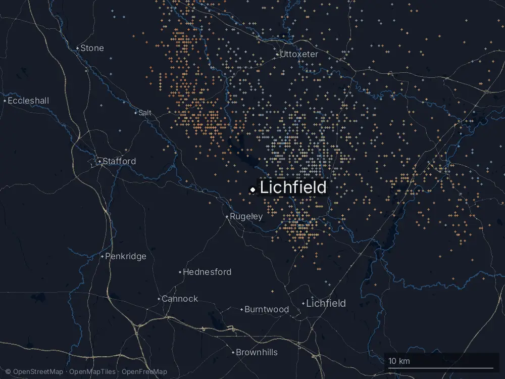 Karte der Blitze bei Lichfield am Dienstag, 26. Mai 2026
