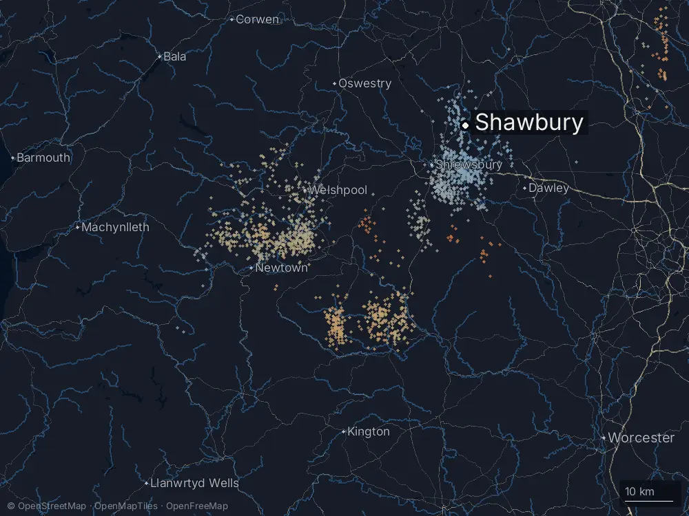 Karte der Blitze bei Shawbury am Dienstag, 26. Mai 2026