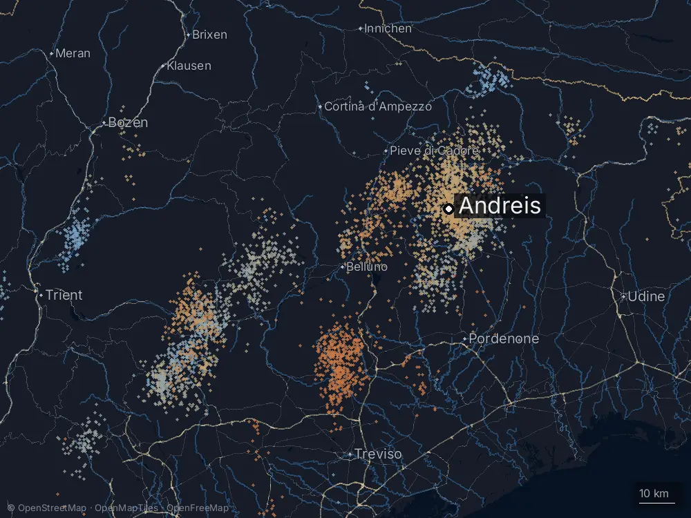 Karte der Blitze bei Andreis am Mittwoch, 27. Mai 2026