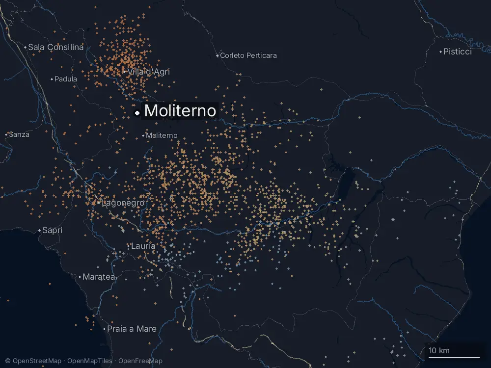 Karte der Blitze bei Moliterno am Mittwoch, 27. Mai 2026