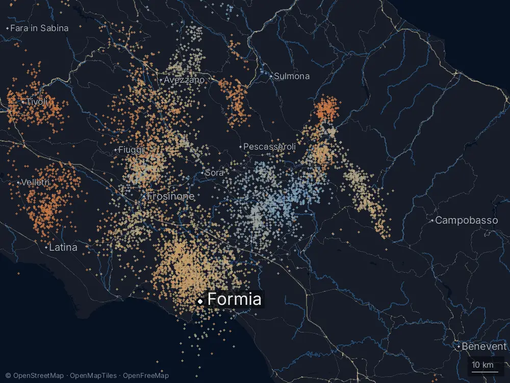 Karte der Blitze bei Formia am Donnerstag, 28. Mai 2026