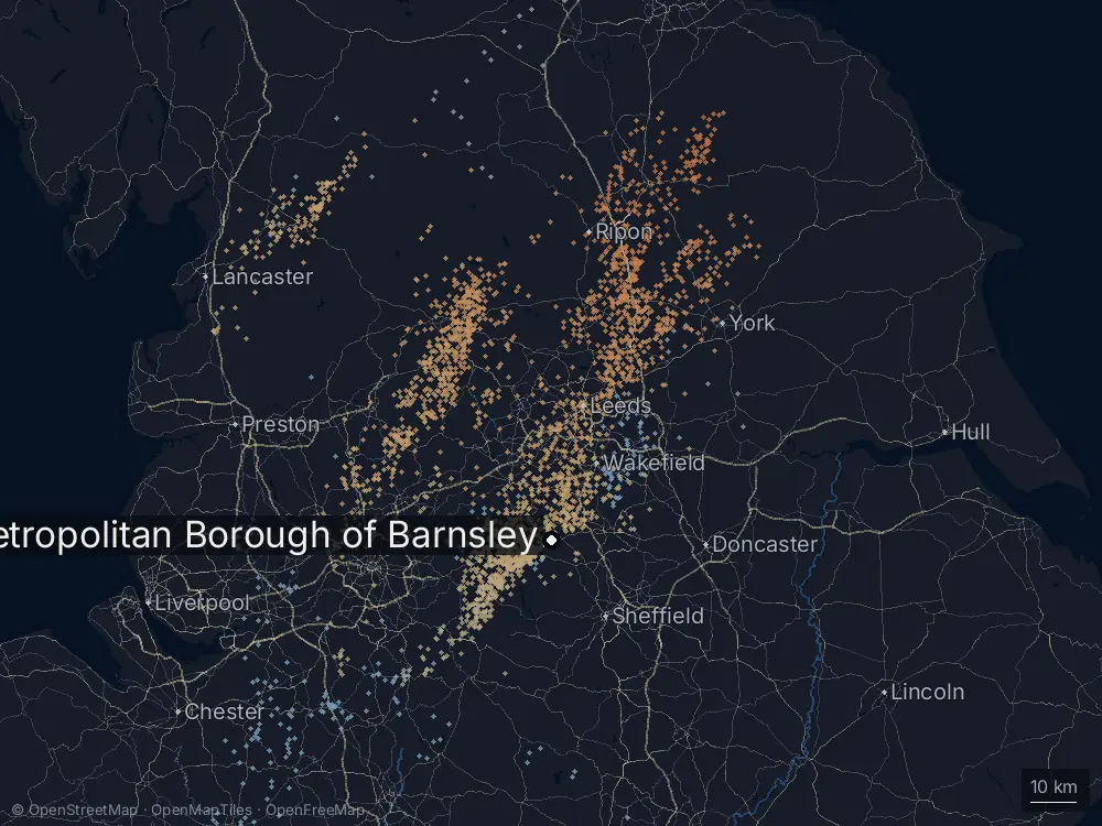 Karte der Blitze bei Metropolitan Borough of Barnsley am Donnerstag, 28. Mai 2026