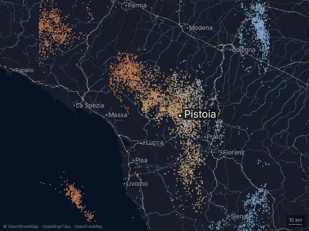 Karte der Blitze bei Pistoia am Donnerstag, 28. Mai 2026