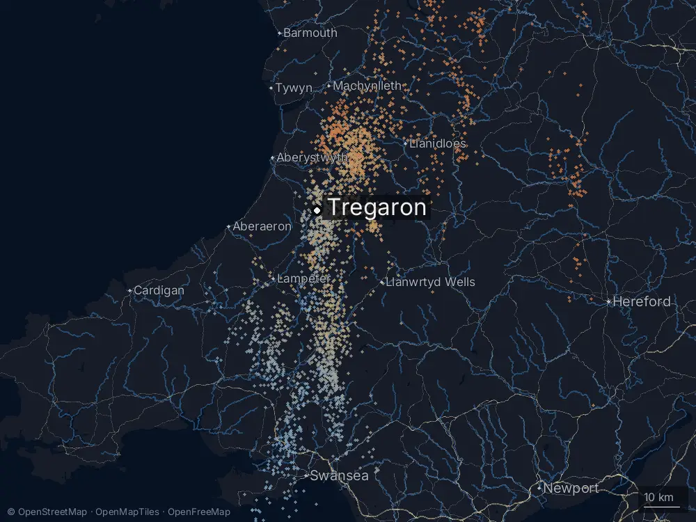 Karte der Blitze bei Tregaron am Donnerstag, 28. Mai 2026