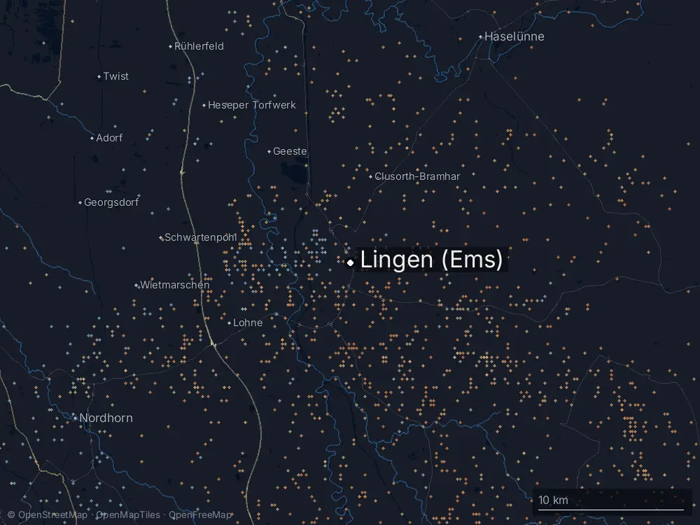Karte der Blitze bei Lingen (Ems) am Freitag, 29. Mai 2026