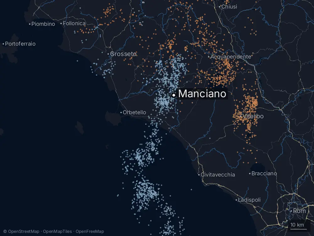 Karte der Blitze bei Manciano am Freitag, 29. Mai 2026