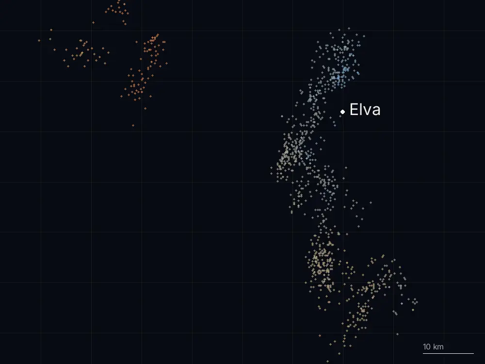 Karte der Blitze bei Elva am Samstag, 30. Mai 2026