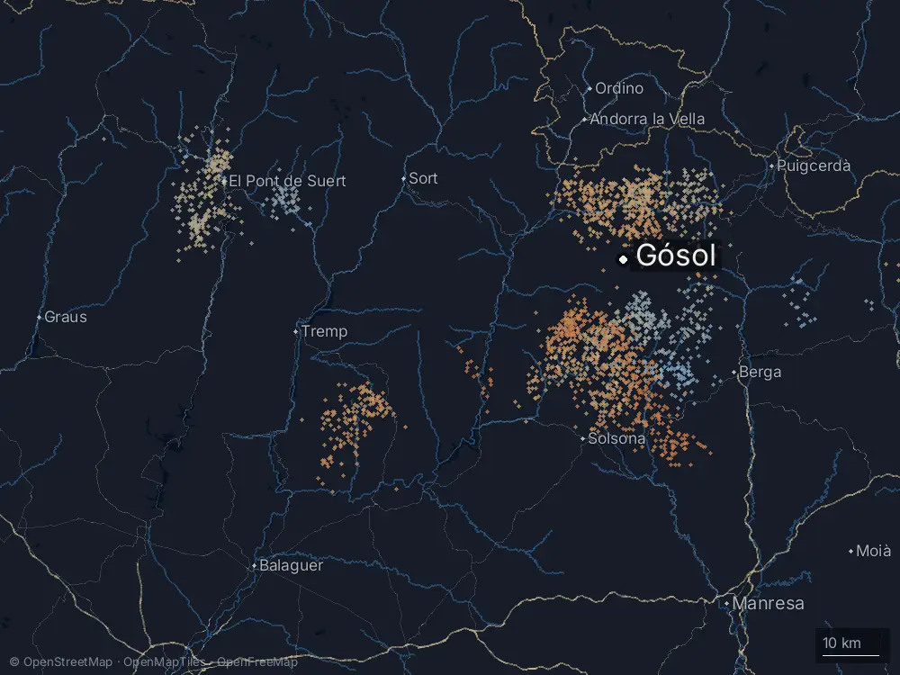 Karte der Blitze bei Gósol am Sonntag, 31. Mai 2026