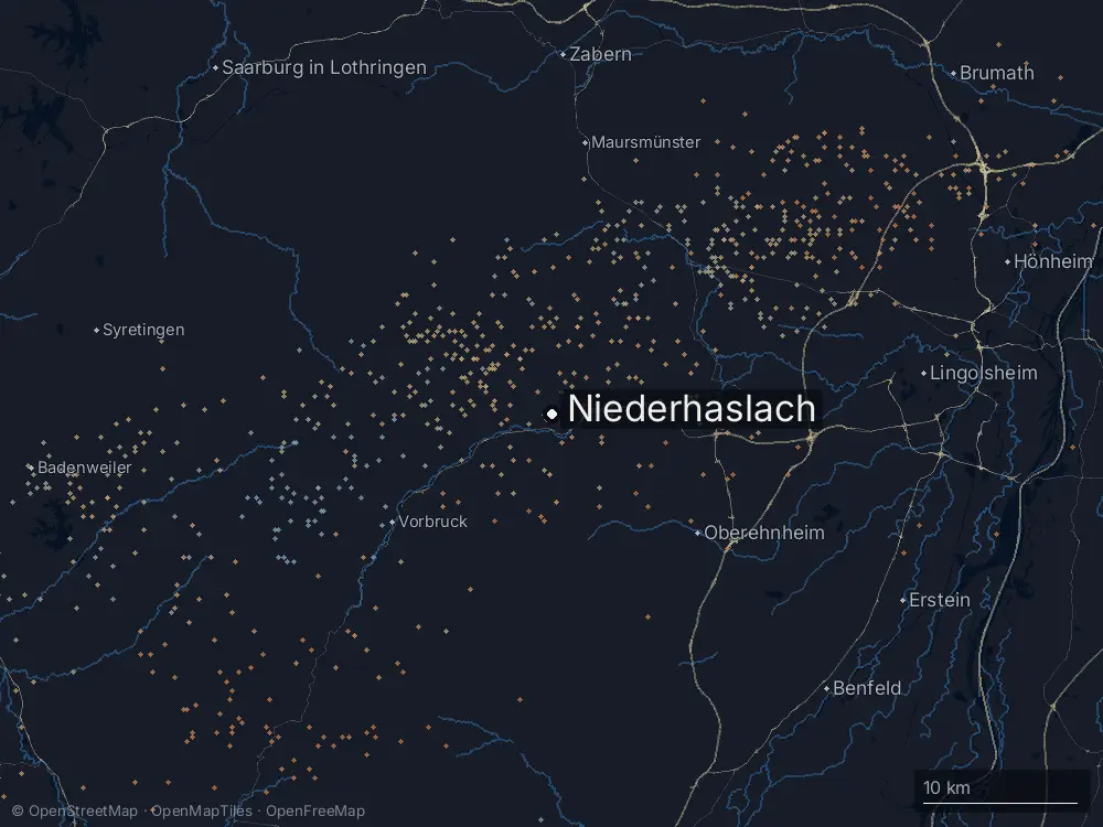 Karte der Blitze bei Niederhaslach am Sonntag, 31. Mai 2026