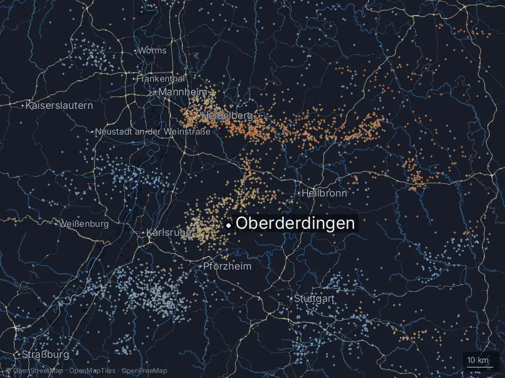 Karte der Blitze bei Oberderdingen am Sonntag, 31. Mai 2026